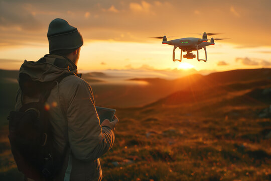 Male tourist operating a drone using remote controller. Man using drone at sunset for photos and video making while admiring beauty of the scenery.