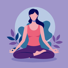 Fototapeta na wymiar woman practicing yoga in lotus position with leaves background vector illustration graphic design