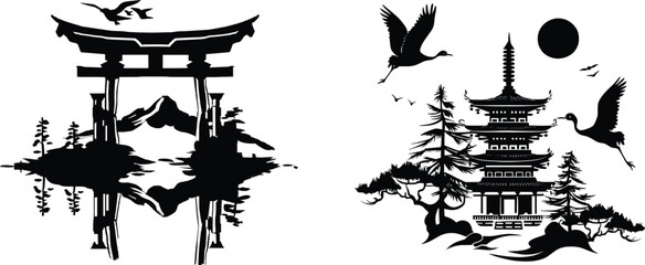 Torii gate and japan temple, vector illustration.
