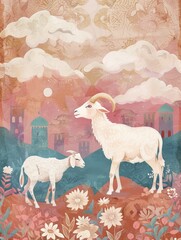 Obraz premium goat and sheep on islamic background with clouds and copy space - generative ai