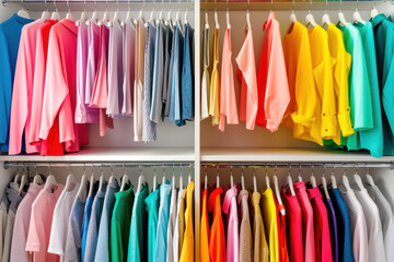 Colorful clothing arranged neatly on hangers in a closet