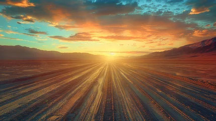Deurstickers A desert road with a sun setting in the background. The sky is filled with clouds and the sun is setting in the distance © Дмитрий Симаков