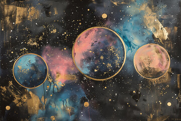 pastel  abstract acrylic painting of planets with golden paint elements on black background. space themed poster  , art work for modern interior design