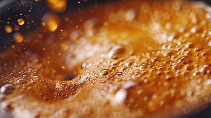 Freshly brewed coffee with rich crema in golden morning light - obrazy, fototapety, plakaty