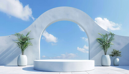 Fototapeta na wymiar 3d backdrop of white minimal podium with arc for product presentation commercial advertising