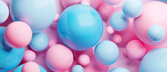 Fototapeta na wymiar In this 3D rendering, abstract pastel balls, pink blue balloons, geometric background, primitive shapes of multicolors, minimalist design, pastel colors palette, party decorations, plastic toys, and