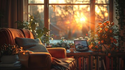 Cozy home interior basking in the warm glow of sunset
