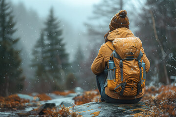 Person Sitting on Rock With Backpack.