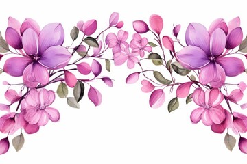 watercolor of bougainvillea clipart featuring bright pink and purple flowers. flowers frame, botanical border, Illustration clipart isolated on white background.