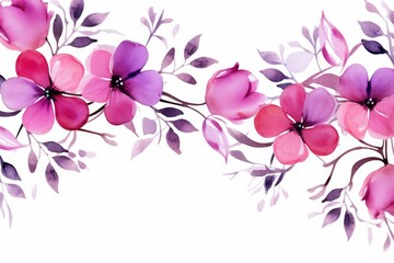 Fototapeta na wymiar watercolor of bougainvillea clipart featuring bright pink and purple flowers. flowers frame, botanical border, Illustration clipart isolated on white background.