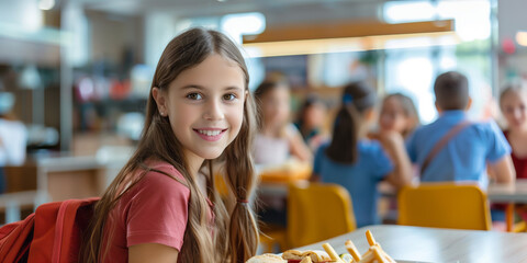 Cute ten years old girl sitting at the table in school cafeteria. Young student having food during lunch break in dining hall. - 775695998