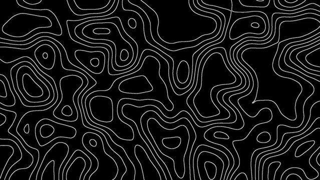 Abstract animated outline topographic contour map. Moving waves on black background. 4K looped animation