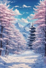 winter forest landscape, path to the pagoda, 