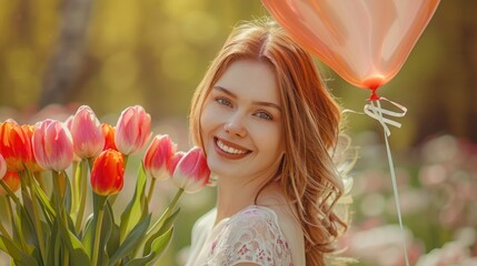 beautiful woman holding a vibrant bouquet of tulips and balloon, woman's day special