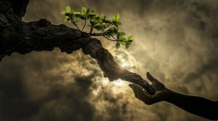 a branch of a tree gently holding the hand of a human, environmental awareness campaigns, educational materials