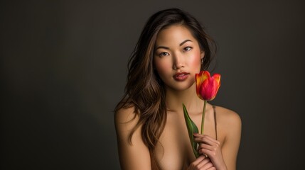 charming Asian model is holding a vibrant tulip in her hands
