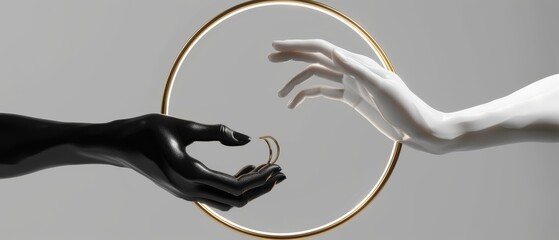 Render, black and white female hands isolated on a minimal fashion background, women's hands inside round frames with golden rings, mannequin body parts, feminist, partnership concept, minimal design