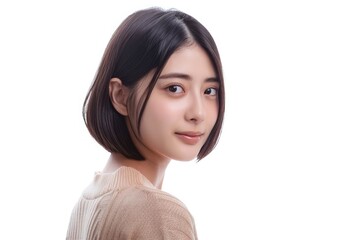 cute japanese young woman wit bob cut hair style on white background