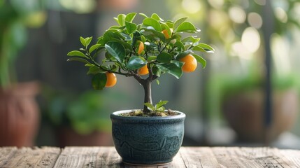 Fototapeta na wymiar Small Orange Tree in Pot on Table