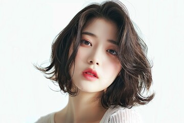 cute korean young woman wit bob cut hair style on white background