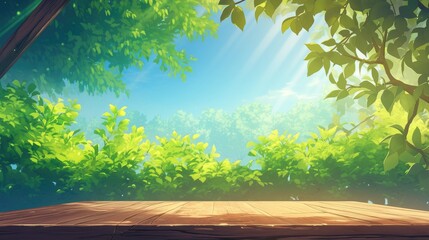 empty wooden table with lush green foliage background illustration