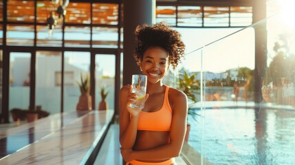 young african woman holding a glass of water, after workout session scene
