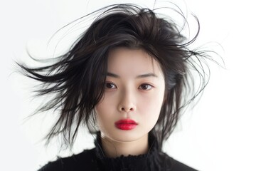 young korean woman with funky hair on white background