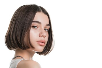 young woman wit bob cut hair style on white background