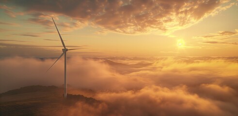wind turbine rising above a morning fog - Powered by Adobe