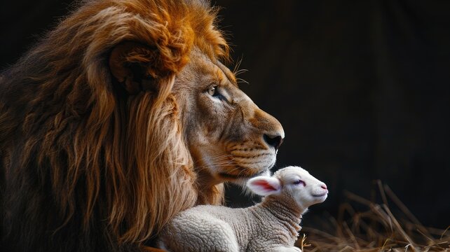 A black background with an isolated profile of a lion and lamb.