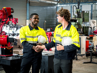 Two industrial engineers wearing uniform and hard hats handshake at industrial robot factory, Smart industry robot arms for digital factory production technology, Engineer Operating Machinery