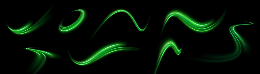 Green shiny sparks of spiral wave. Curved bright speed line swirls. Shiny wavy path. Rotating dynamic neon circle. Magic golden swirl with highlights. Glowing swirl bokeh effect. vector