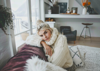 Cozy Winter Daydreams: Pensive Woman Wrapped in Warmth, Contemplating in Her Scandinavian-Inspired Home - 775697591