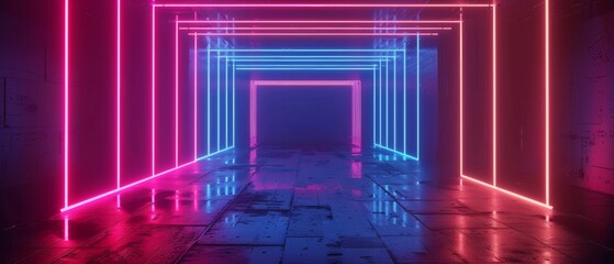Naklejka premium This is a 3d render. It features an abstract minimal geometric background with glowing neon lines. There are tunnels, corridors, stage illuminations, fashion podiums. It is surrounded by a blank