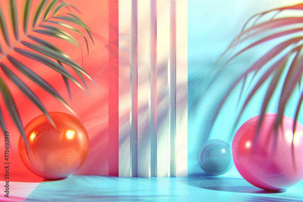Poster abstract colorful background with balls and palm leaves. background image. created with generative a