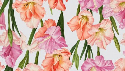 collection of soft pastel gladiolus flowers isolated on a transparent background bright colourful illustration - obrazy, fototapety, plakaty