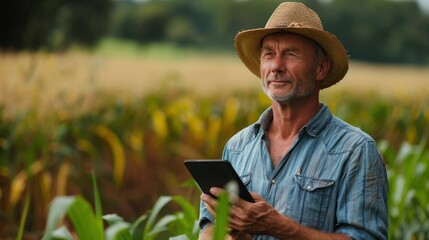 Man Holding Tablet in Corn Field