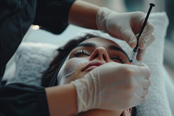 Young woman receiving a cosmetic facial treatment in a beauty salon, shown in close up lying on a white pillow and receiving aesthetic medicine from a female doctor with a syringe, possibly for Botox  - obrazy, fototapety, plakaty