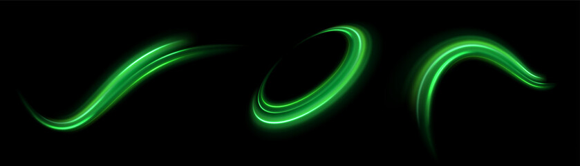 Green shiny sparks of spiral wave. Curved bright speed line swirls. Shiny wavy path. Rotating dynamic neon circle. Magic golden swirl with highlights. Glowing swirl bokeh effect. vector