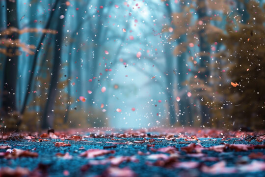 Leaves and petals falling in the park. Background image. Created with Generative AI technology.