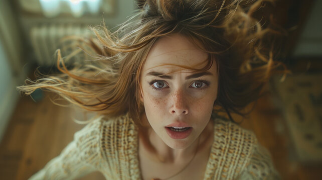 Portrait of a young woman screeming with a funny face, casual clothes , Holds hairs up, in business environment,generative ai