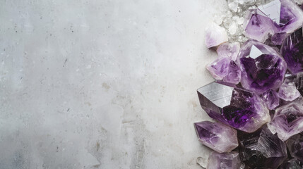 Amethyst crystals forming a natural, sparkling frame on a soft textured background.