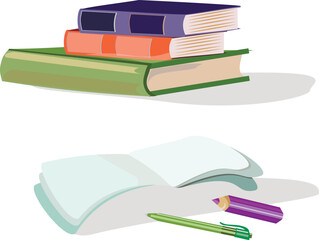 Vector illustration of a stack of books, an open notebook, a ballpoint pen and a pencil. A set of pictures of school supplies, for business, creativity. For the design of stickers,business cards,games