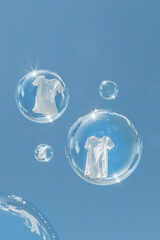 White T-Shirts Floating in Soap Bubbles Against a Clear Blue Sky