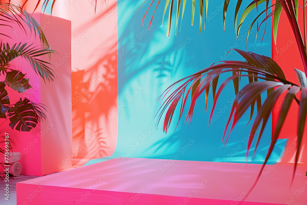Poster colorful stage with palm leaves. background image. created with generative ai technology.