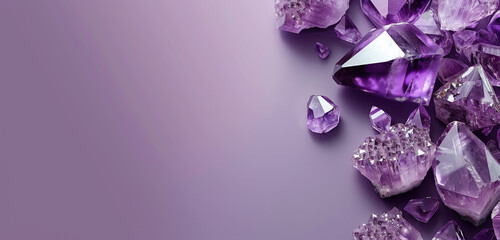 A serene display of various sizes of amethyst crystals on a soft purple background.