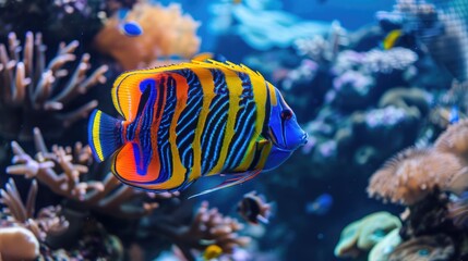 Naklejka na ściany i meble Colorful royal angelfish swimming in coral reef - Generative AI