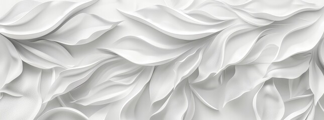 3D wallpaper white leaves texture background. White nature wall art design with wavy lines. Abstract painting wallpaper for home decoration, mural print backdrop in the style of nature. - obrazy, fototapety, plakaty