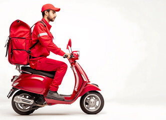 A red delivery boy on a scooter with a white background