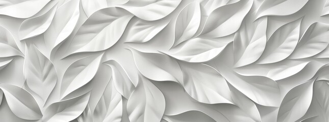 3D wallpaper white leaves texture background. White nature wall art design with wavy lines....
